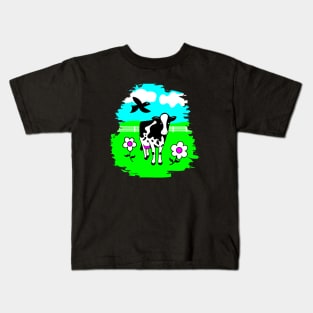 Happy Cow in Flowered Pasture Kids T-Shirt